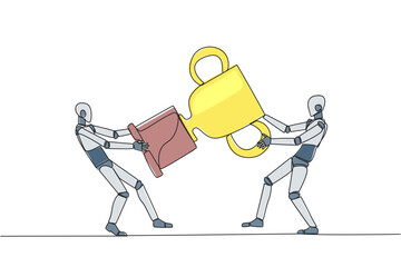 Poster - Single one line drawing two angry robot fighting over trophy. There are no co-champions. The two robots are required to contest ideas again. Future tech AI. Continuous line design graphic illustration