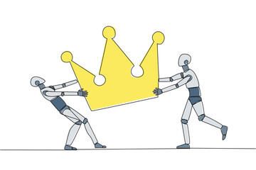 Poster - Single continuous line drawing two emotional robot fighting over the crown. Fighting for become the most successful and respected robotic. Conflict. AI technology. One line design vector illustration