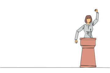 Poster - Single continuous line drawing young businesswoman speak at the podium by clenching fists at head height. Doing oration. Leadership concept. Burning the spirit. One line design vector illustration