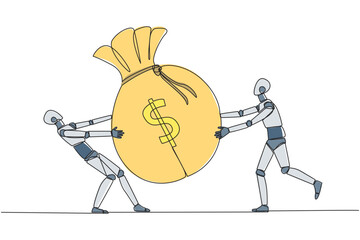 Poster - Single one line drawing two angry robot fighting over the big money bag. Fighting for additional capital after several shares were released to the public. Continuous line design graphic illustration