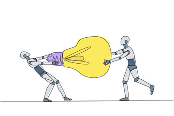 Poster - Single continuous line drawing two angry robot fighting over lightbulb. Both of them differed, feeling most right. Emotional robotic. Versus. Conflict. AI tech. One line design vector illustration