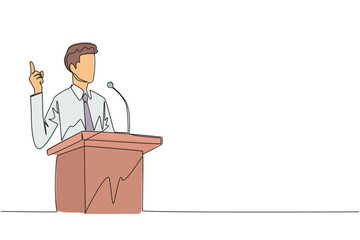 Poster - Continuous one line drawing young businessman speaking at the podium while giving gesture of lifting one finger up. Inspirational speech. Conference stage. Single line draw design vector illustration