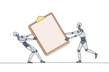 Poster - Single continuous line drawing two angry robot fighting over the big clipboard. Useful to make it easier to check reports. Robotic conflict. Aggressive.AI tech. One line design vector illustration