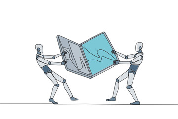 Aufkleber - Continuous one line drawing two emotional robot fighting over the laptop. Fighting for information about very good area to be the next target market. Tech. Single line draw design vector illustration