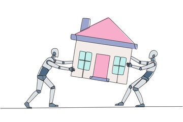 Poster - continuous one line drawing two emotional robot fighting over miniature house. the concept of fighti