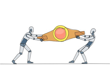 Poster - Single continuous line drawing two emotional robot fighting over boxing belt. Fight for to be the greatest and strongest robot. Robotic battle. Future technology. One line design vector illustration