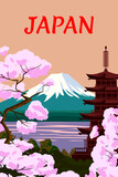 Fototapeta  - Vintage travel poster Japan pagoda, blossom Sakura cherry
