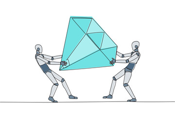 Poster - Continuous one line drawing two selfish robot fighting over the big diamond. Fight over diamond mines that make profit boost for robotic. Conflict. AI tech. Single line draw design vector illustration