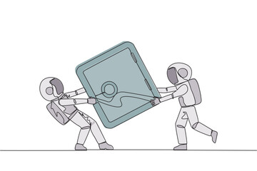 Poster - continuous one line drawing two astronaut fighting over safe deposit box. fight for a safe place to 