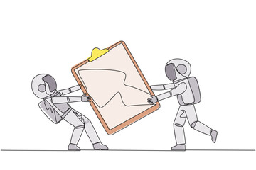 Poster - single continuous line drawing two angry astronaut fighting over the clipboard. useful to make it ea