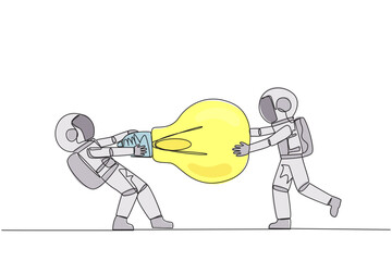 Poster - single continuous line drawing two angry astronaut fighting over lightbulb. both of them differed, f