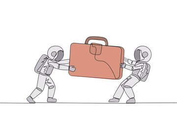 Poster - continuous one line drawing two aggressive astronaut fighting over the briefcase. fight over the cli