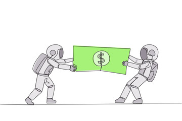 Poster - Single continuous line drawing two angry astronaut fighting over banknotes. Fight over the capital provided by the government to selected cosmonauts. Rival. Cosmic. One line design vector illustration