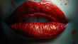 Close-Up of Red Color Lipstick On Beautiful Women Red Wet Lips Background Blur
