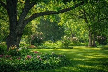 Wall Mural - Beautiful summer garden with blooming flowers and tree in the morning