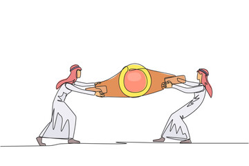 Poster - Continuous one line drawing two Arabian businessman fighting over boxing belt. Fight for to be the greatest and strongest businessman. Businessman battle. Single line draw design vector illustration