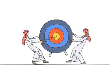 Poster - Single one line drawing two angry Arabian businessman fighting over arrow target board. Fighting for who will get the achievement first. Attack. Conflict. Continuous line design graphic illustration