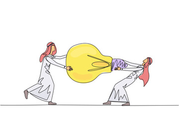 Poster - Continuous one line drawing two Arabian businessman fighting over lightbulb. Both of them differed, feeling most right. Emotional businessman. Conflict. Single line draw design vector illustration