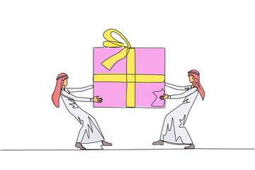 Poster - continuous one line drawing two professional arabian businessman fighting over gift box. entrepreneu