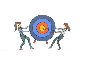 Poster - Continuous one line drawing two angry businessman fighting over arrow target board. Fighting for who will get achievement first. Versus. Attack. Conflict. Single line draw design vector illustration
