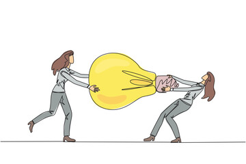 Poster - single continuous line drawing two businesswoman fighting over lightbulb. both of them differed, fee
