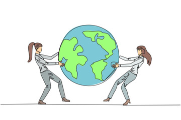Poster - Continuous one line drawing two strong businesswoman fighting over the globe. Fighting over the area that will be the target of sales expansion. Aggressive. Single line draw design vector illustration
