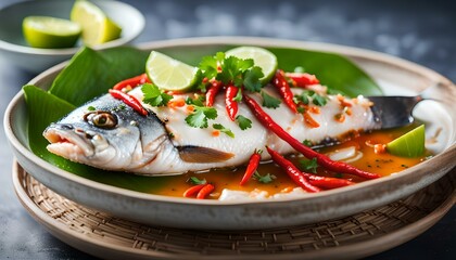 Wall Mural - Steamed Fish with Chili Lime Sauce, thai lime fish, Steamed fish in lime dressing
