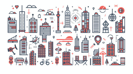  Modern city and lifestyle thin line red black icons 