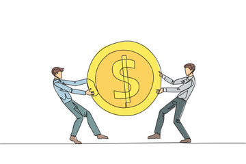 Poster - Continuous one line drawing two angry businessman fighting over the dollar sign coin. The last coin used to buy fresh drinks at the vending machine. Attack. Single line draw design vector illustration