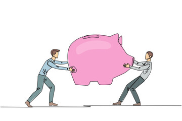 Poster - Single one line drawing two selfish businessman fighting over big piggy bank. Arguing and each other feel entitled. Businessman versus businessman. Attack. Continuous line design graphic illustration