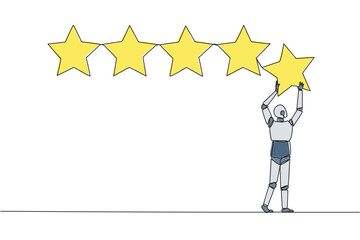 Poster - Single continuous line drawing robot holding up a star with both hands and pasting it up to make 5 stars in a row. Give the best review. Online shop. Future tech. One line design vector illustration