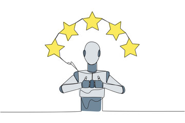 Poster - Single one line drawing robot giving two thumbs up, above head there are 5 stars forming semicircle. Exciting online shopping experience. Review 5 star. AI tech. Continuous line graphic illustration