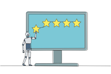 Poster - Single one line drawing robotic standing and trying to stick one star on big monitor. Giving 5 star feedback. Giving stars quality result. Giving review. Continuous line design graphic illustration