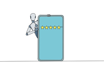 Poster - Single one line drawing robotic stands behind giant smartphone, but head and body appear and hands give thumbs up gesture. Online shop concept. Review 5 star. AI tech. Continuous line design graphic