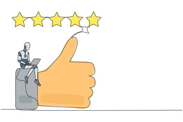 Poster - Continuous one line drawing robotic artificial intelligence sitting on thumbs up typing on laptop. Happy satisfied robot giving 5 gold stars. Online shop review. Single line draw vector illustration