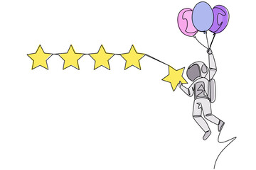 Poster - Single one line drawing young astronaut flying with balloon carry 1 star and want to align it with the other 4 stars. Trying to give perfect rating. Cosmic. Continuous line design graphic illustration