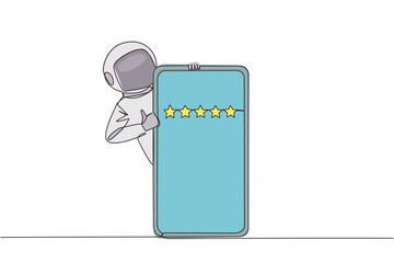 Poster - Continuous one line drawing astronaut stand behind big smartphone, but head and body appear and hands give thumbs up gesture. Online shop concept. Review 5 star. Cosmic. Single line draw design vector