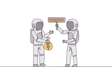 Poster - single one line drawing two astronauts standing opposite each other. the one carry money bag, the ot