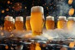 Beer pouring into glass on dark background with bokeh lights
