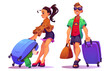 Travel people. Tourist man and woman with suitcase on vacation. Young and happy character with bag in tour icon set. Smart guy walk and attractive female passenger with full baggage of clothes