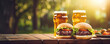 Beef Burger with two glass beer  on wooden table