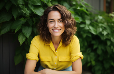 A woman in a lemon blouse radiates happiness, her engaging smile framed by lush foliage, capturing the essence of a sunny disposition in a verdant oasis.