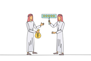 Poster - Single continuous line drawing two Arabian men standing opposite each other. One man carry money bag, the other carry rating board with 5 stars. Buy and selling reviews. One line vector illustration