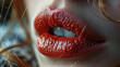 Very Close Up View of Beautiful Woman Lips With Red Glossy Lipstick