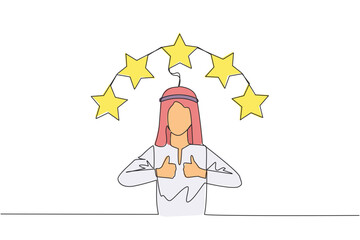 Poster - Single one line drawing Arabian man giving two thumbs up, above head there are 5 stars forming semicircle. Exciting online shopping experience. Review 5 star. Continuous line graphic illustration