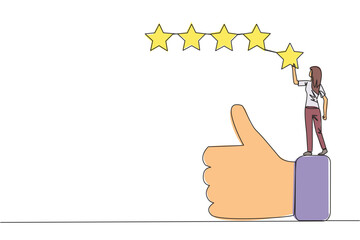 Poster - Single continuous line drawing young happy smiling woman standing on the thumbs up wants to attach the stars to form 5 stars in a row. Give review or good feedback. One line design vector illustration