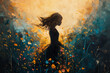 Oil painting translucent light silhouette of a girl against the background of a blue flowering meadow, wall painting for decoration