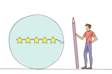 Poster - Single continuous line drawing happy man stands holding a large pencil and next to is a large circle encircling all 5 stars. Five star rating positive feedback. One line design vector illustration