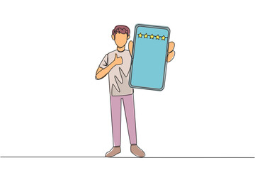 Poster - Single continuous line drawing happy man standing holding smartphone and showing screen to the front. Giving rating of 5 stars to online seller. Satisfied customer. One line design vector illustration