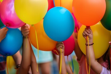 A close-up of children's hands holding colorful balloons, celebration on Children's Day or birthday party